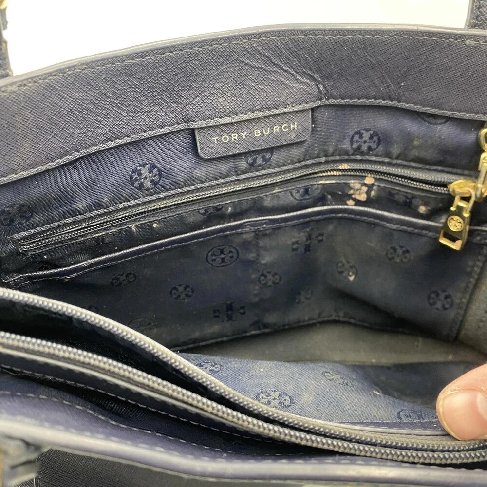 Tory Burch Tote Bag Womens Large Black Leather Shoulder Purse Blue Lining